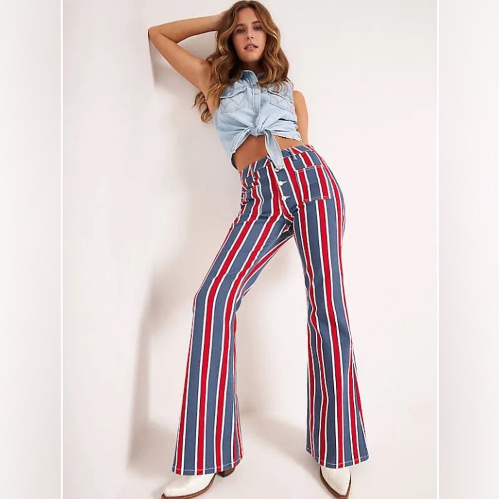 Women's Wrangler Stretch Flare Jeans Patriotic Red Blue White Stripe 18/34